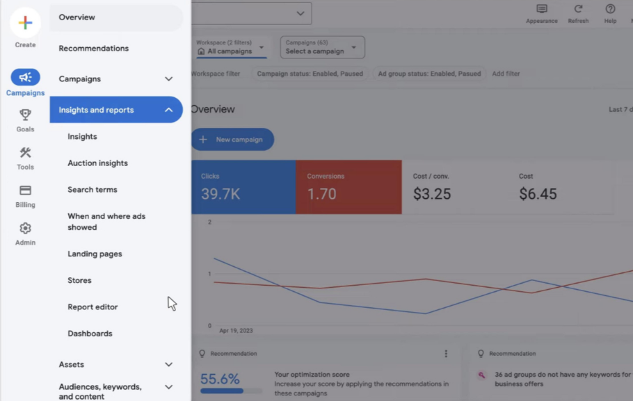 Google Ads insight and report section