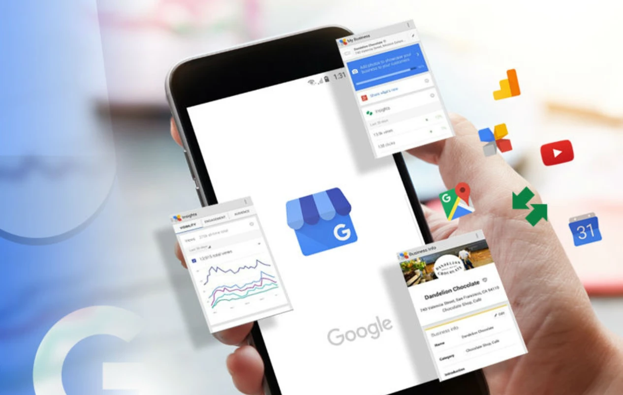 Google My Business Icons and Features Around a Mobile Phone