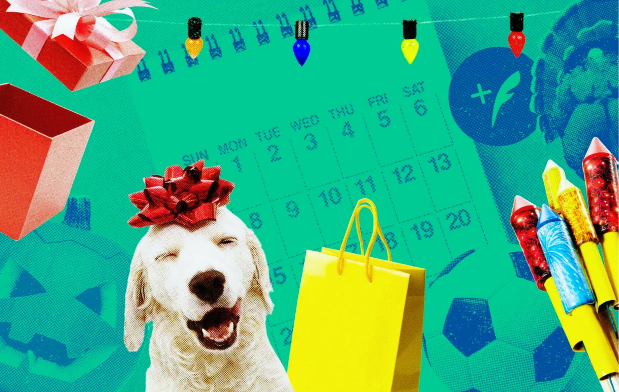 A Calendar as Background with a Dog and Some Festive Symbols on it