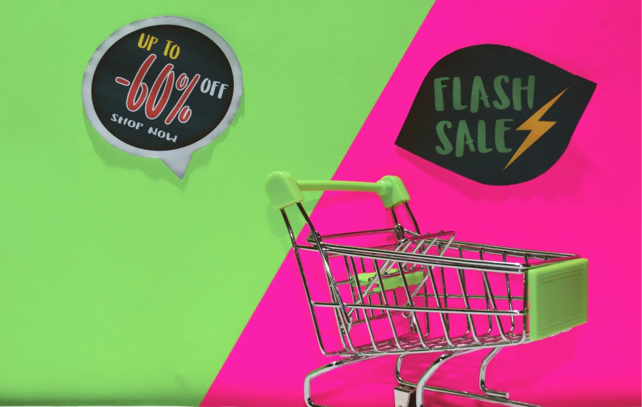 A Shopping Cart with a Flash Sales Label on top of it