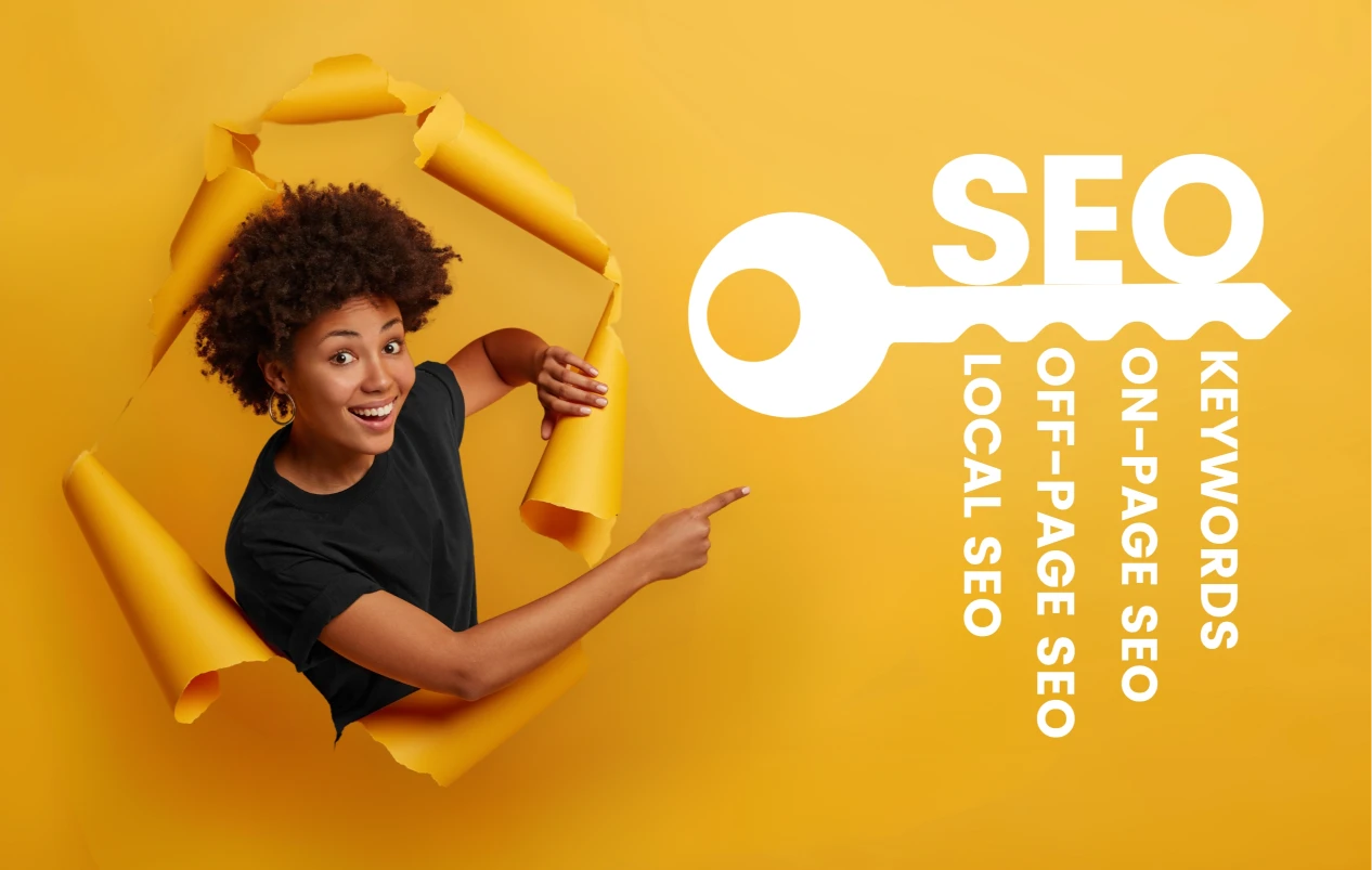 A Woman is Pointing to the White Key with SEO Text on Top of it