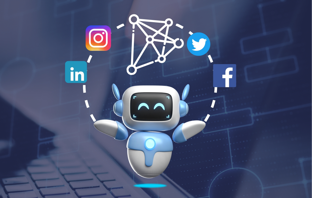An AI Robot with Several Social Media Icons Above it
