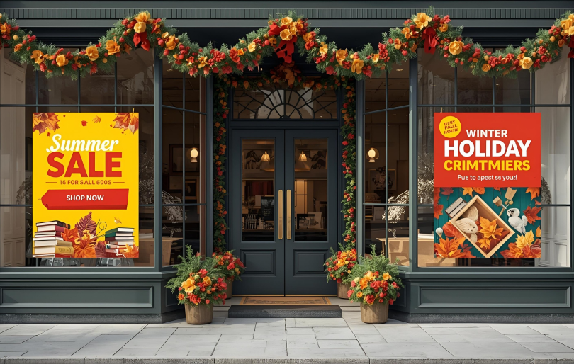 Storefront with Sale and Holiday Posters