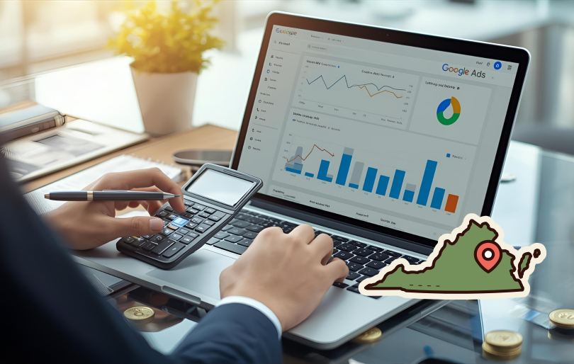 Man at a Desk with Laptop Showing Google Ads Dashboard