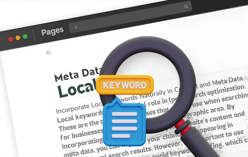 Web Page Mockup with Keywords and Magnifier