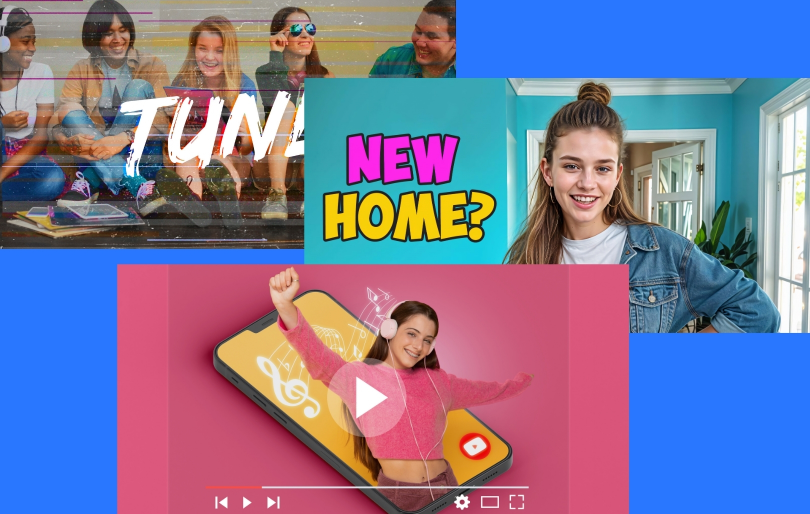 Three Video Thumbnails over Blue Background