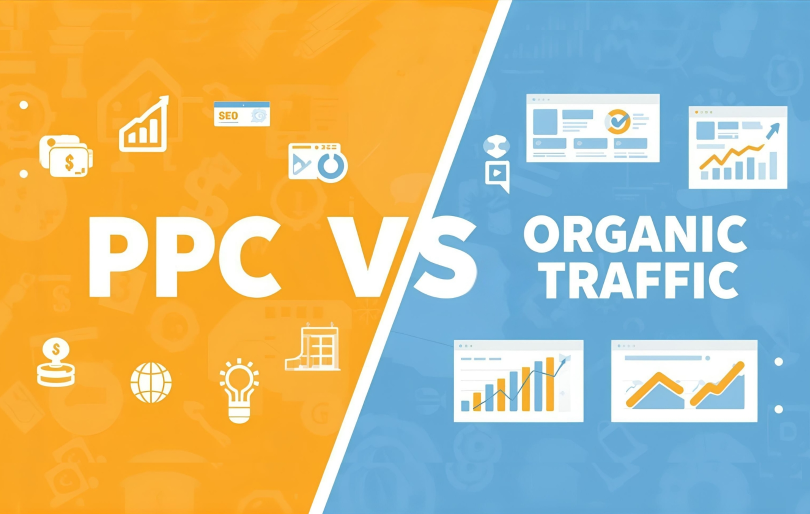 Orange and Blue Background with PPC vs. ORGANIC TRAFFIC Text Orange and Blue Background with PPC vs. ORGANIC TRAFFIC Text