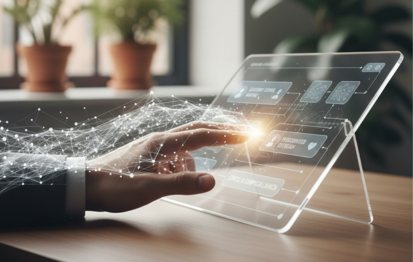 hand touching AI automation screen