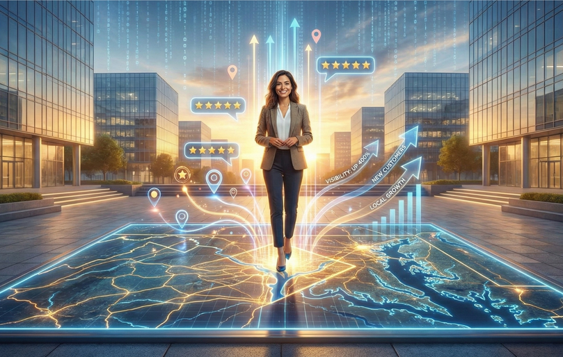 Woman with Some Review and Location Icons Around