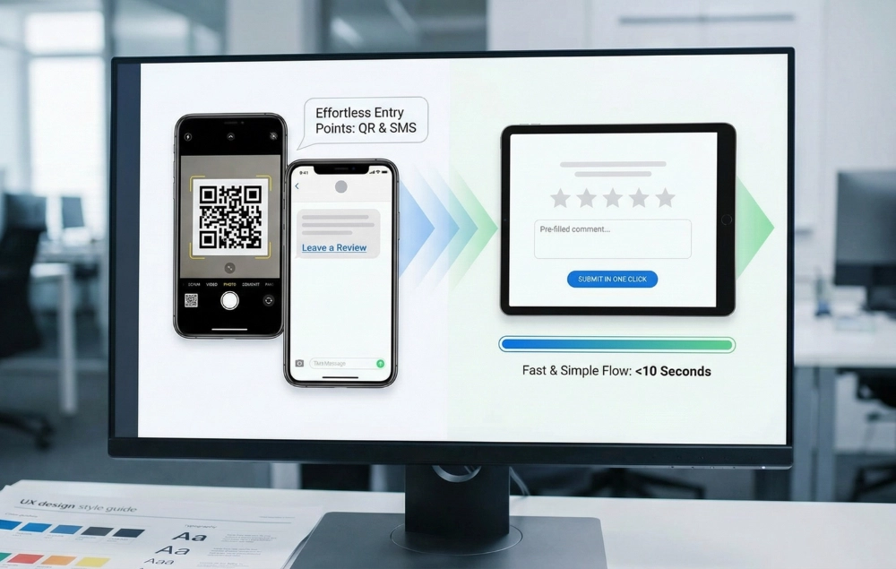 QR codes, SMS links, and one-click review flow