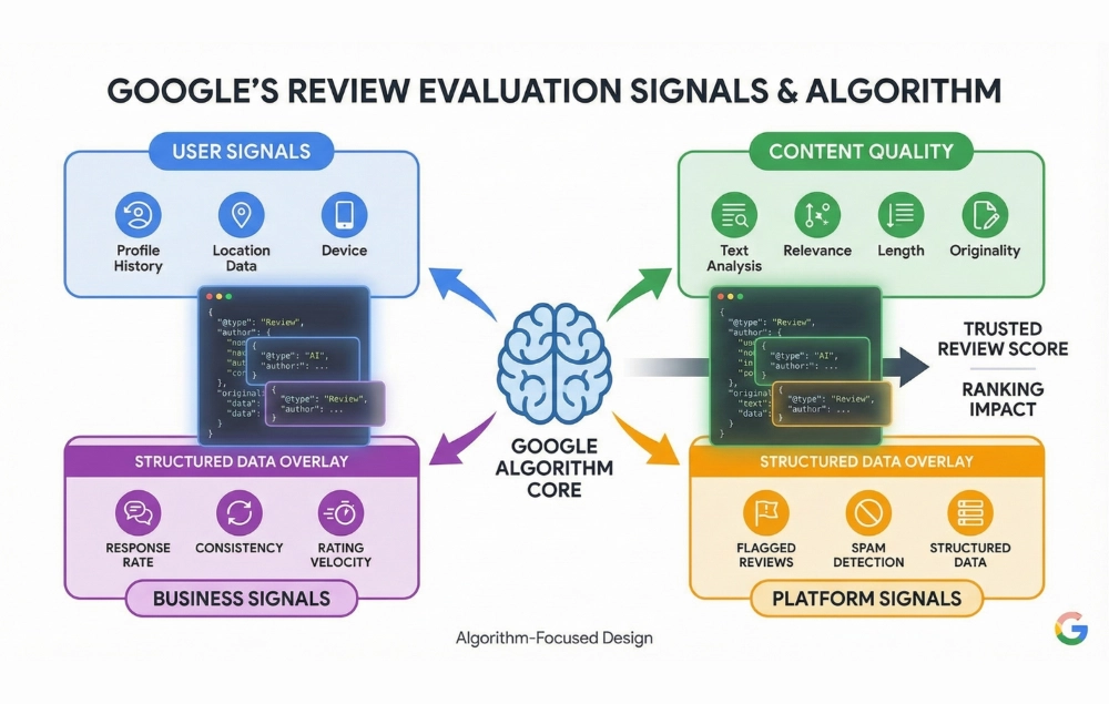 Infographic-style image visualizing Google’s review evaluation signals