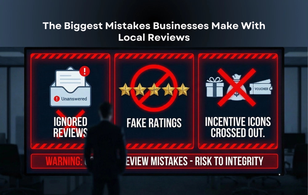 Warning-style image showing common review mistakes