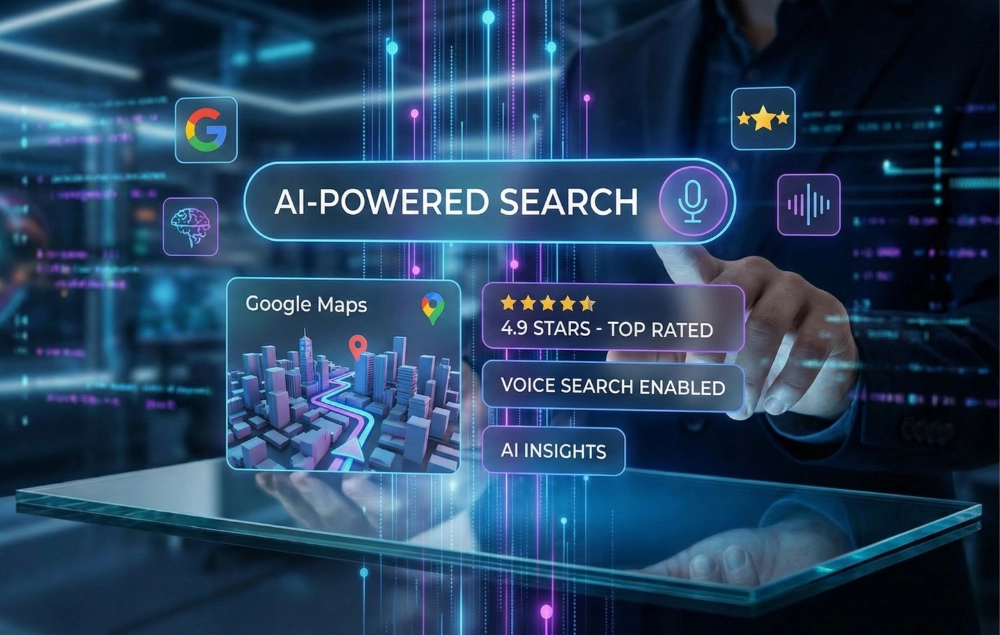 Illustrating Google Maps, star ratings, and voice search icons