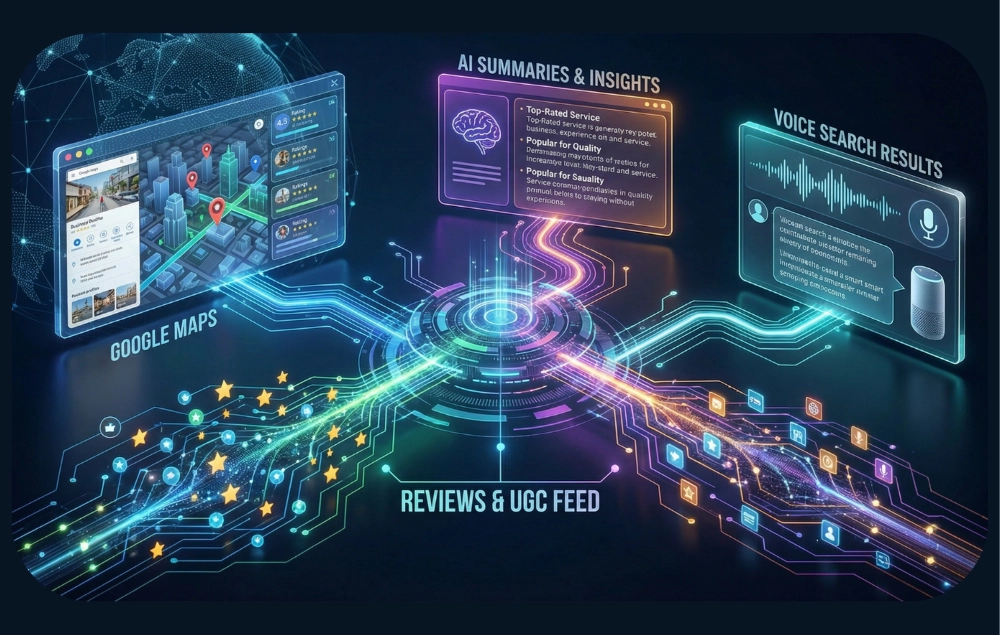 SEO visualization showing reviews feeding Google Maps