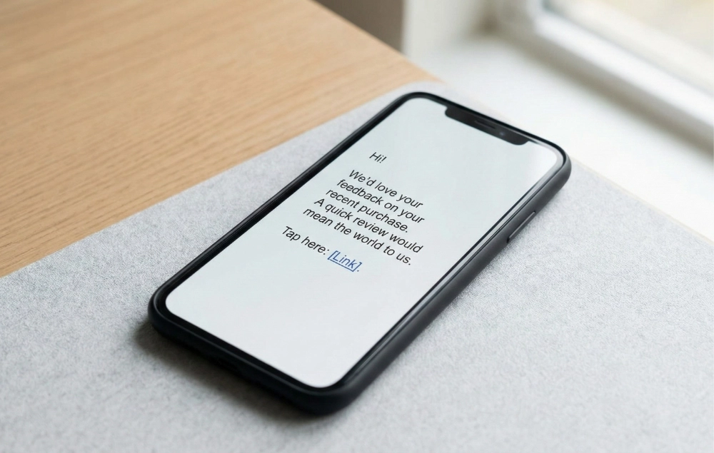 Short review request message on phone screen