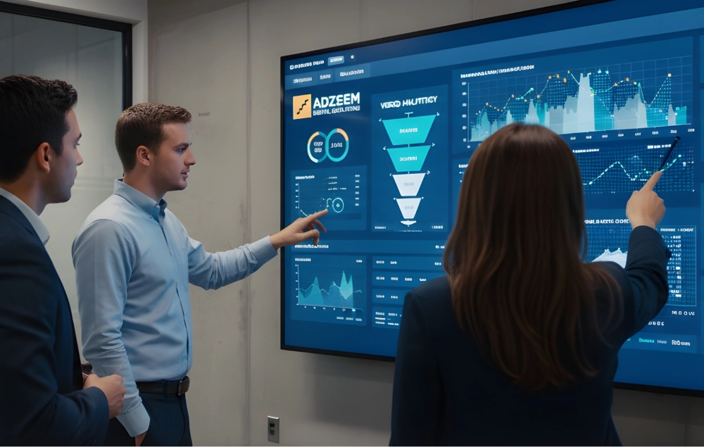 Team analyzing Adzeem marketing dashboard