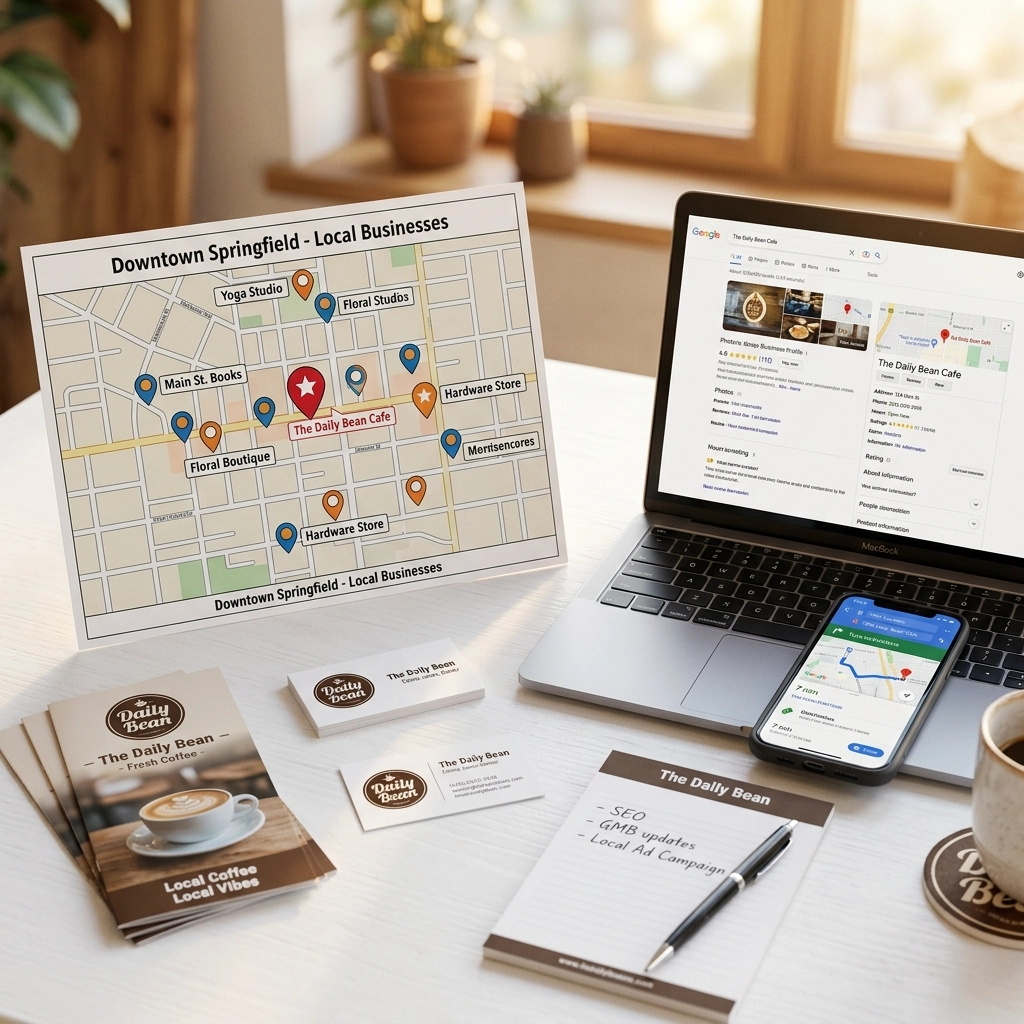 Local SEO concept, Downtown Springfield map, A Google Business Profile on SERP