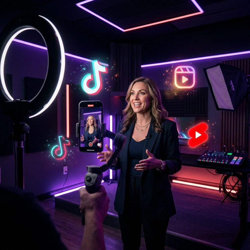 Woman recording video in a production studio with floaing social media logos around.