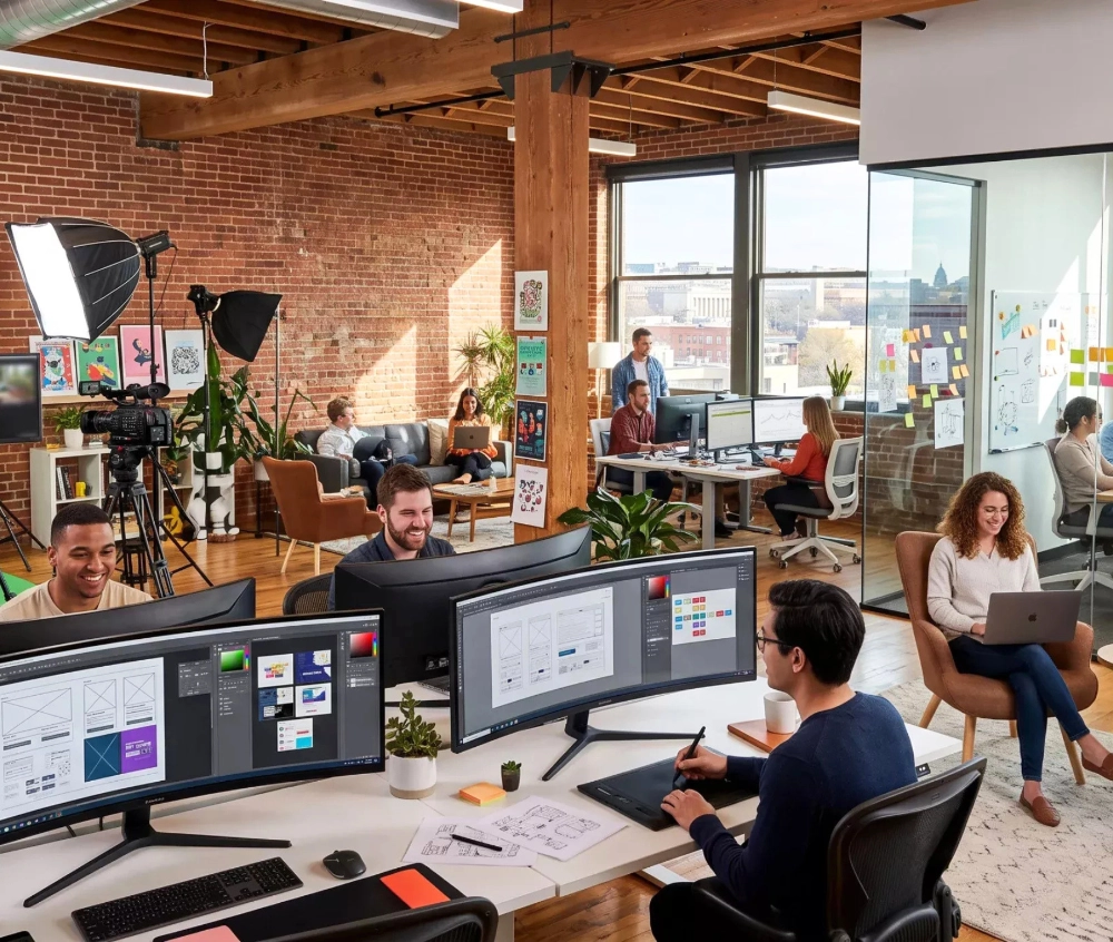 Teamwork Working in a creative friendly digital marketing agency
