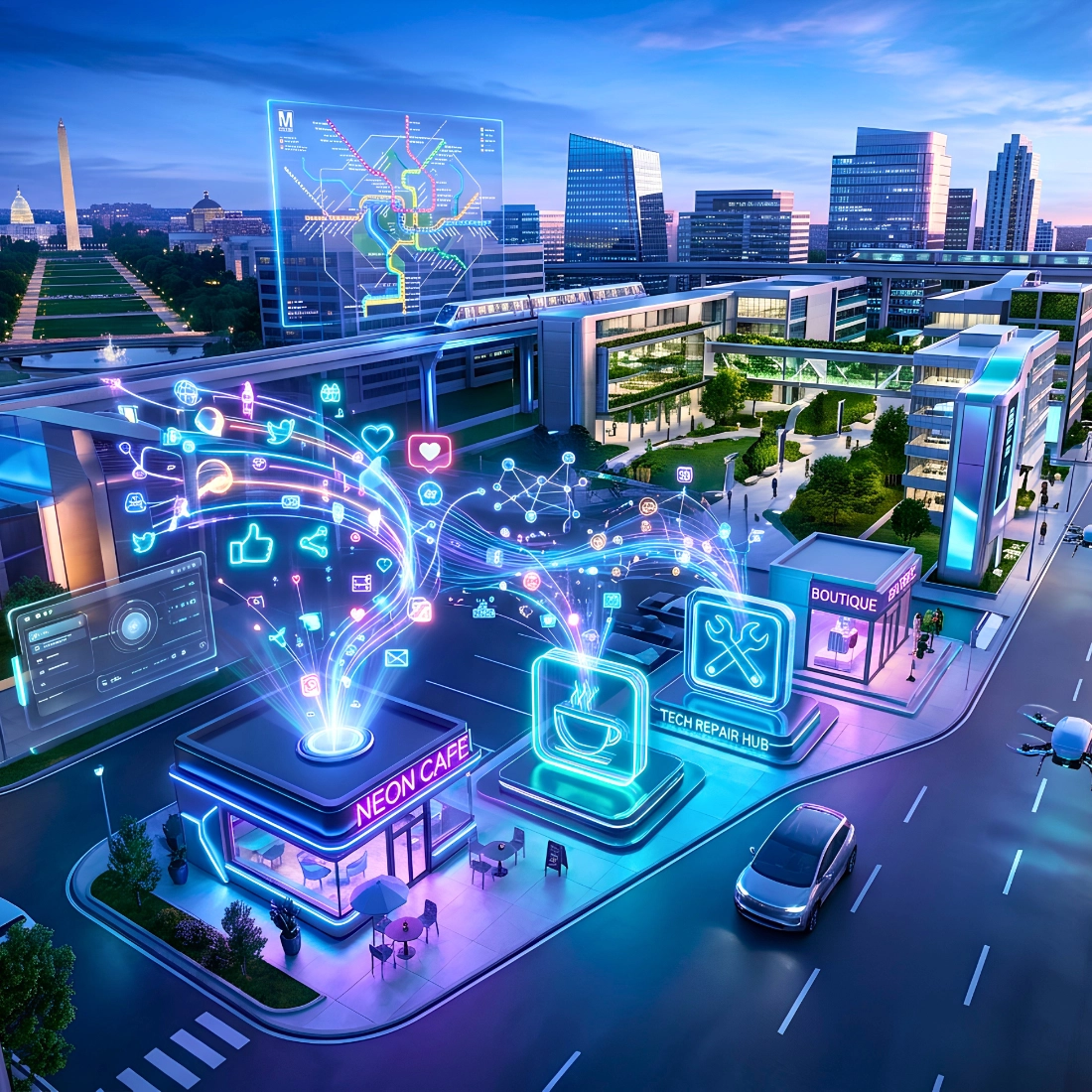 AI-Socia-Media A futuristic digital city street in D.C overlaid with glowing holographic growth graphs, data icons, and network connection nodes representing social media marketing.