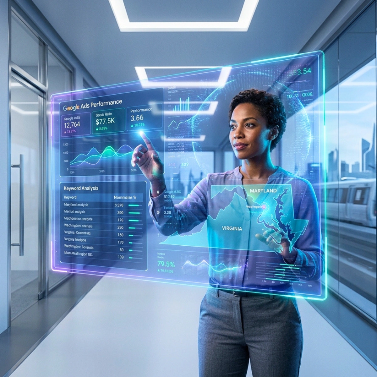 Ads-Performance A professional woman working with data visualizations and analytics on a transparent digital display screen in a modern tech-driven workspace.