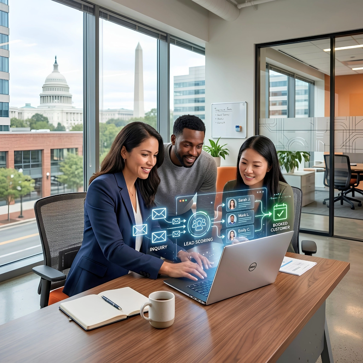 A focused, diverse small, engaged team interacting with a sleek laptop or tablet.