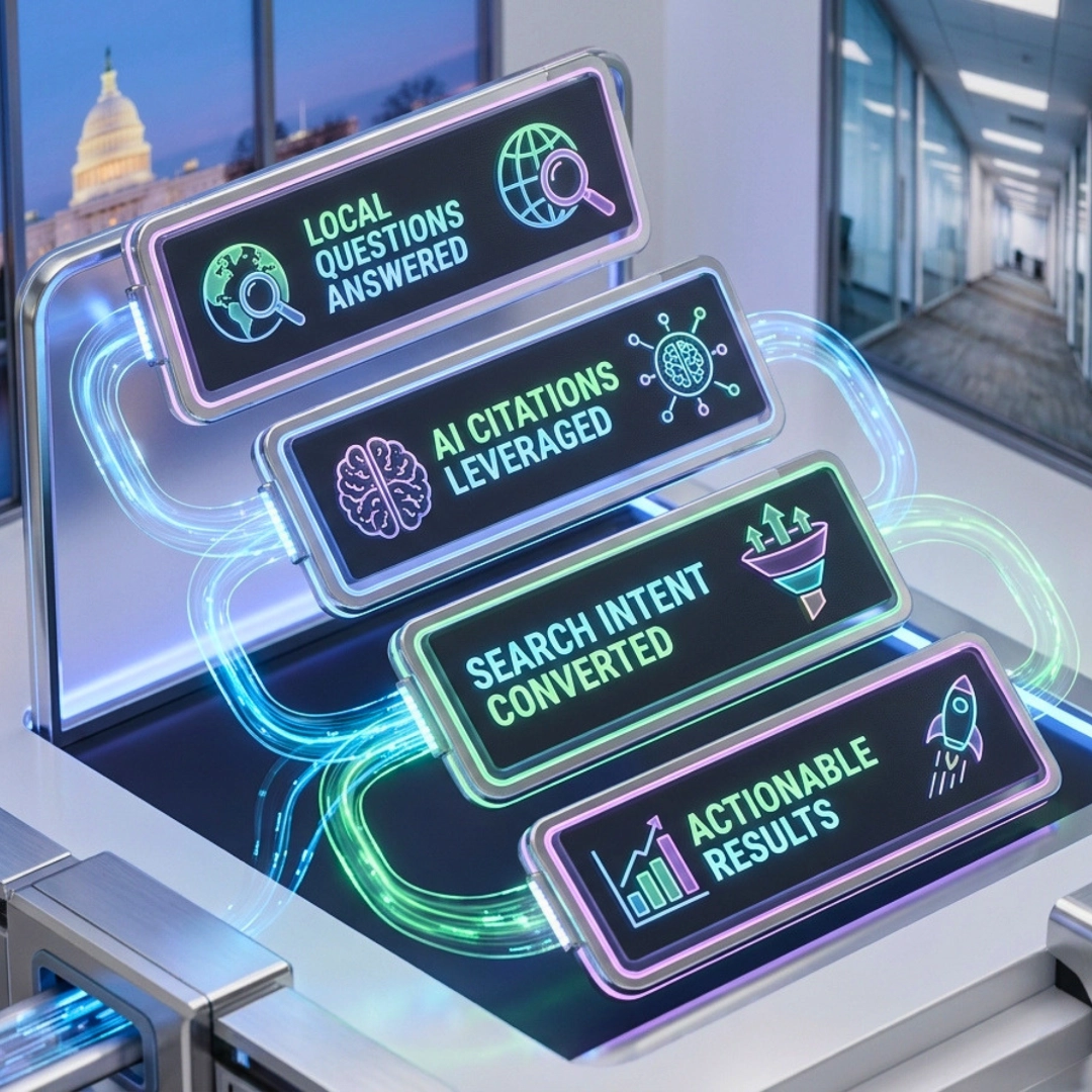 Holographic interface displaying an array of futuristic digital content marketing 'item' cards for small businesses.