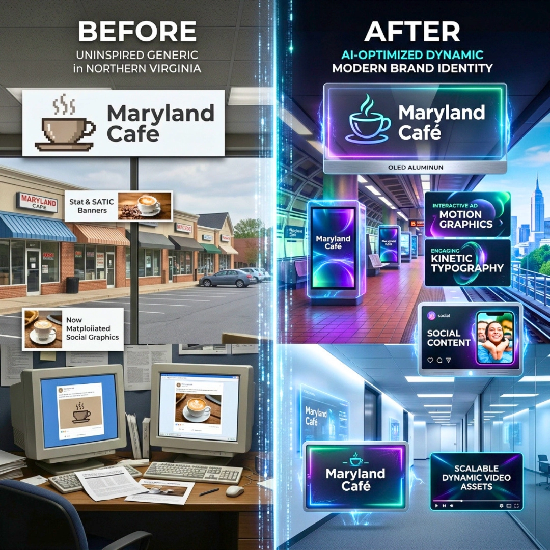 Before: uninspired, generic brand identity and static digital assets, After: sleek, dynamic, AI-optimized modern logos, interactive ad creatives with motion graphics