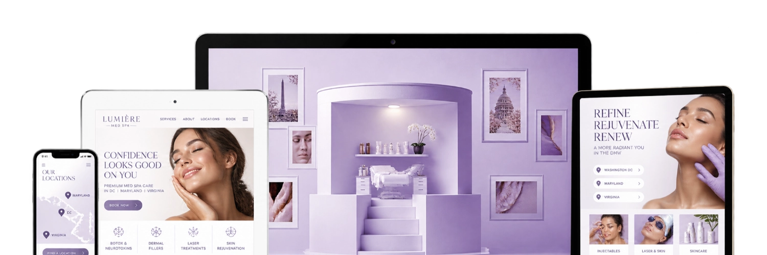 Med spa website experience across desktop, tablet, and mobile for D.C., Maryland, and Virginia.