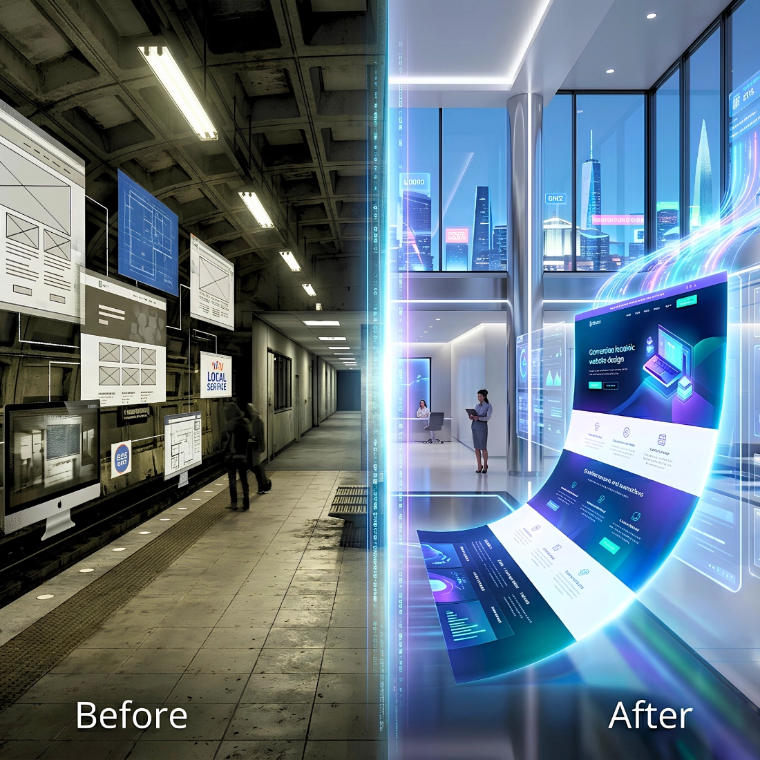 On the left (Before), a fragmented, pixelated, and tangled network of outdated website wireframes, On the right (After), a seamlessly integrated, glowing holographic interface.