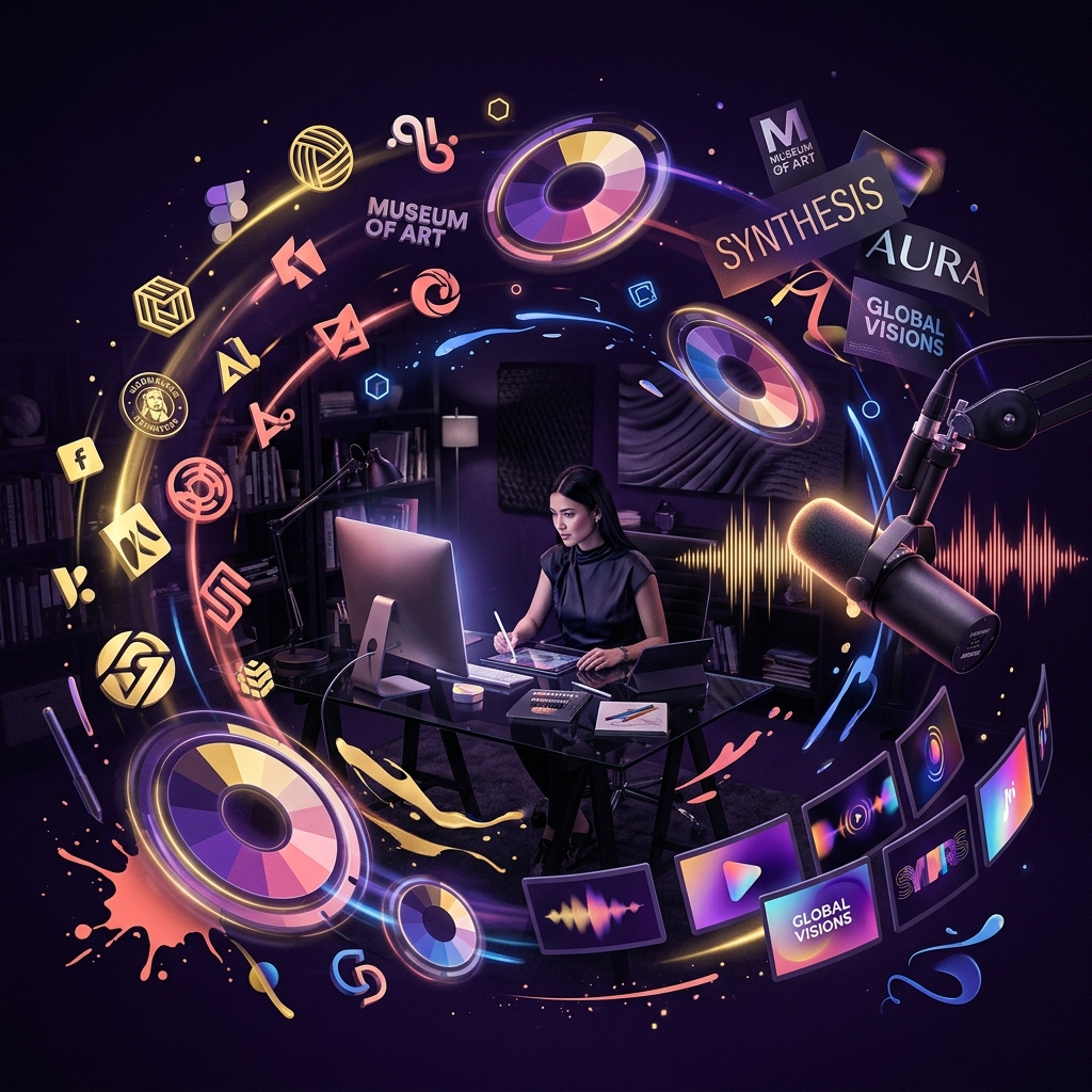 Illustration of a creative production studio with graphic design, microphones and digital displays.